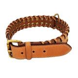 Genuine Real Strong Leather Heavy Duty Durable Collar Big Large Dog Light Brown Beige Lace - FunnyDogClothes