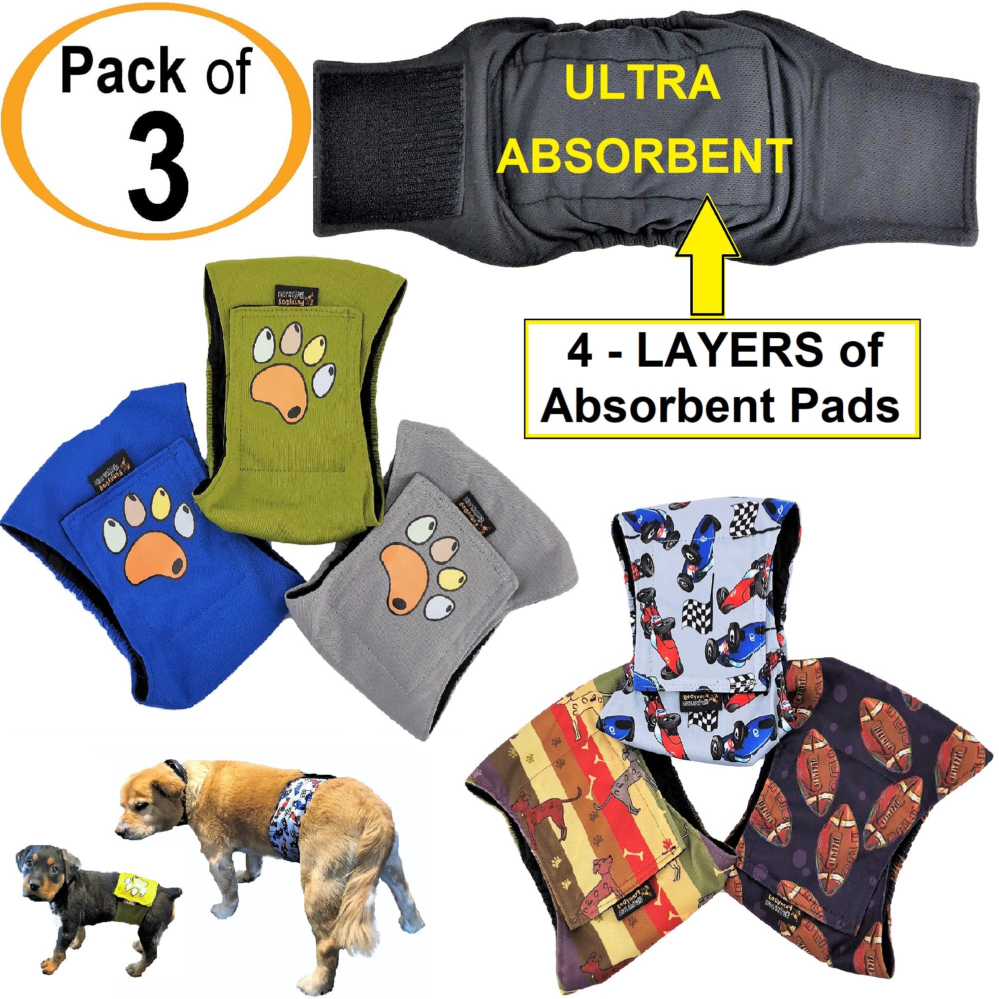 3 Ultra Absorbent Dog Diaper Male Belly Band Wrap Leak Proof